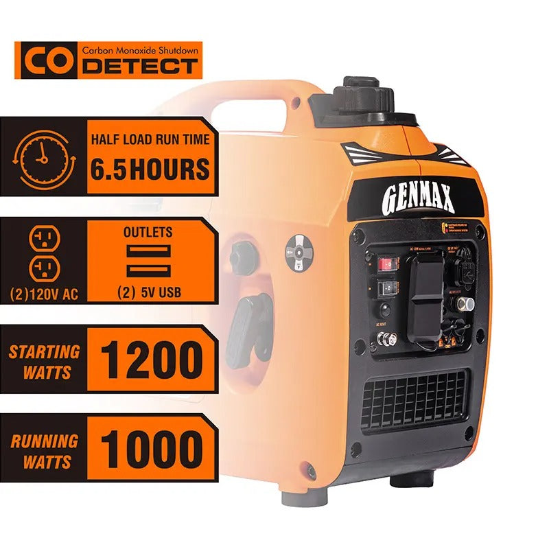 Load image into Gallery viewer, GENMAX GM1200i 1200 Watt Gasoline Inverter Generator with CO Detect